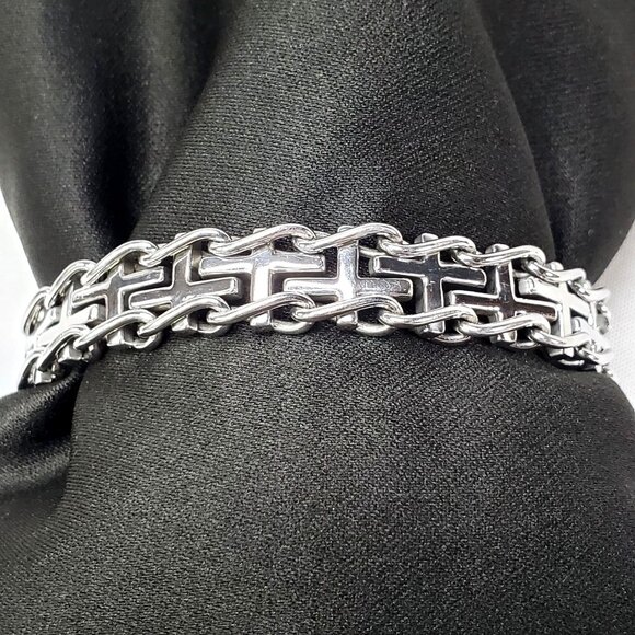 Mens LYNX Stainless Steel Sideways Cross Railroad Chain Bracelet 8.5 Inches - Picture 3 of 6
